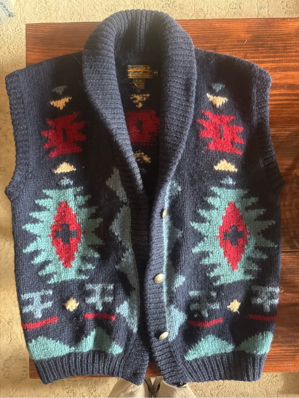 Vintage Wool Eddie Bauer Navy Aztec Inspired Shawl Collar Vest - Men Size M